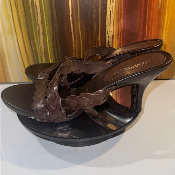 NWOT AEROSOLES Leather Dark Brown Braided Strap Heel Sandals - Women’s Size 8 - Picture 1 of 6